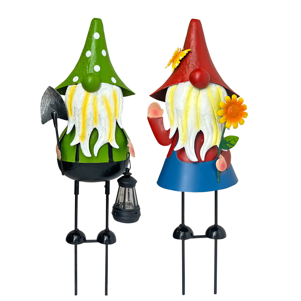 Solar Metal Garden Gnome Statue Set of 2 Outdoor Yard Decor