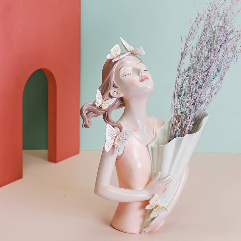 Nordic Girl Resin Flower Vase Modern Butterfly Sculpture
