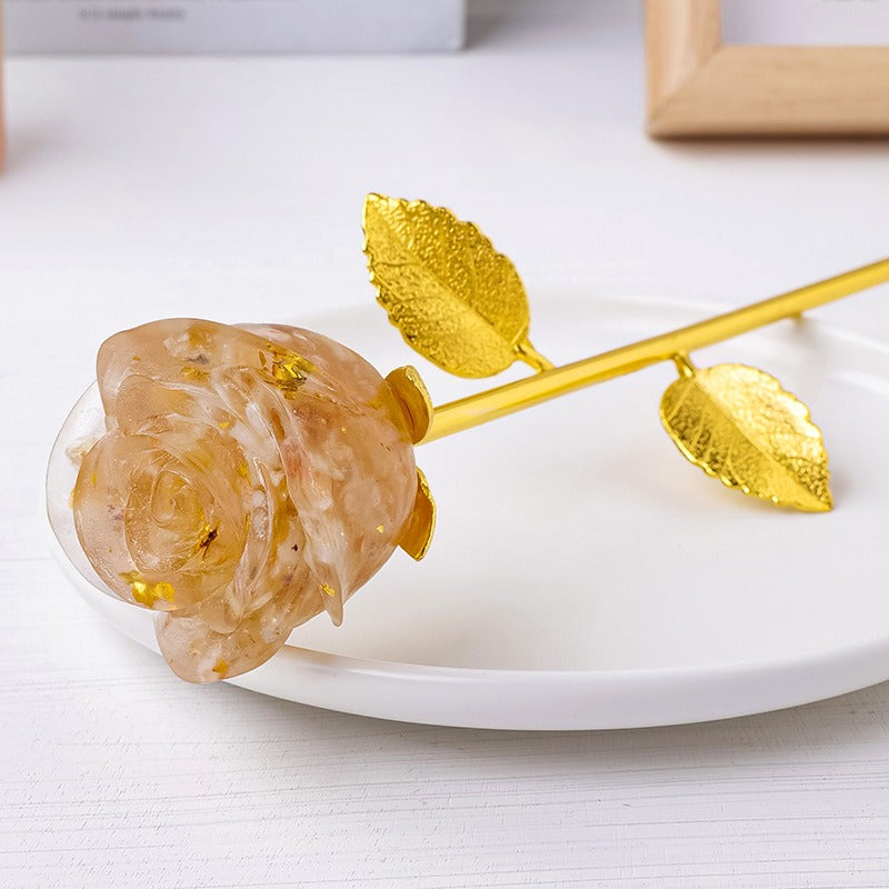 Resin Crystal Stone Flower Stem Decor with Metal Leaves