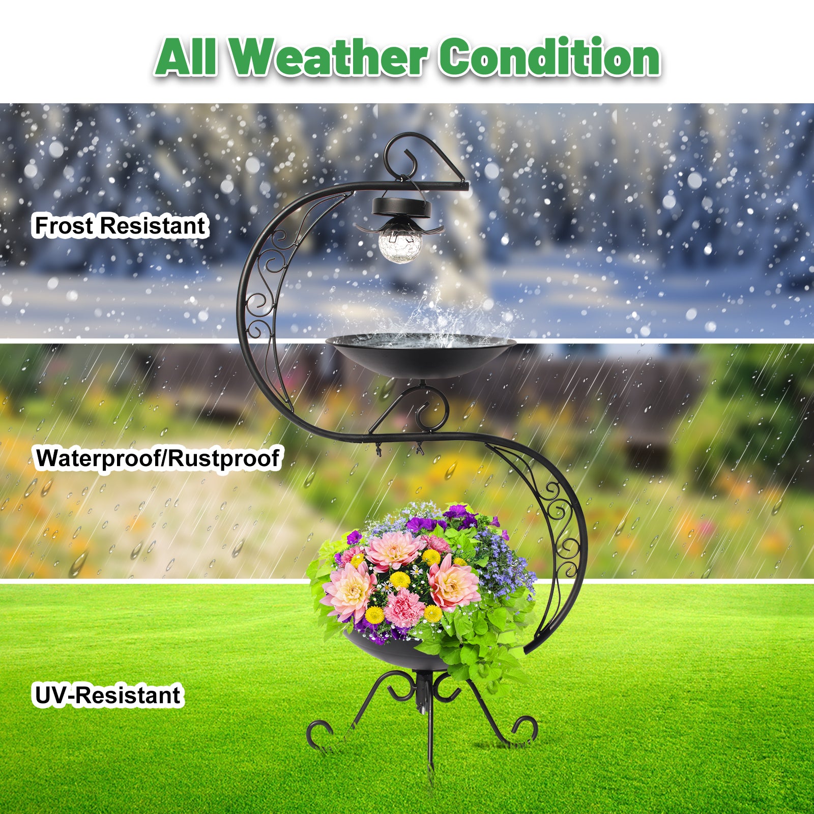 Black Solar Bird Bath Stand with Planter Base
