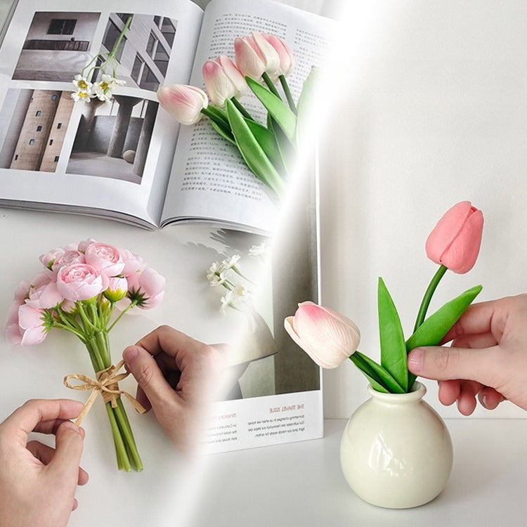 Cream Color Ceramic Vase with Silk Flower Bouquet Home Decor