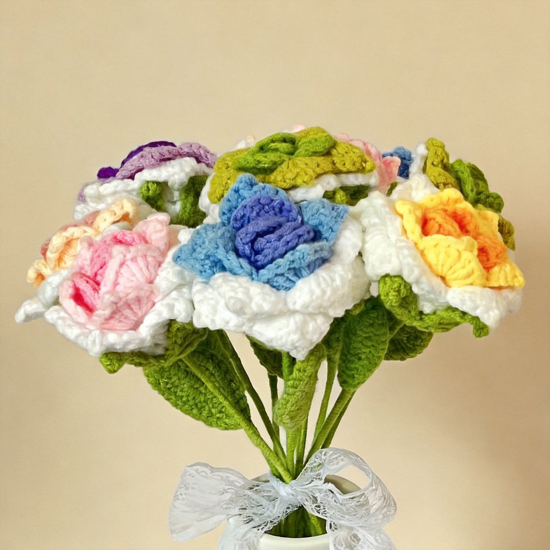 Handmade Crochet Rose Flower Decor Gift Knitted Bouquet