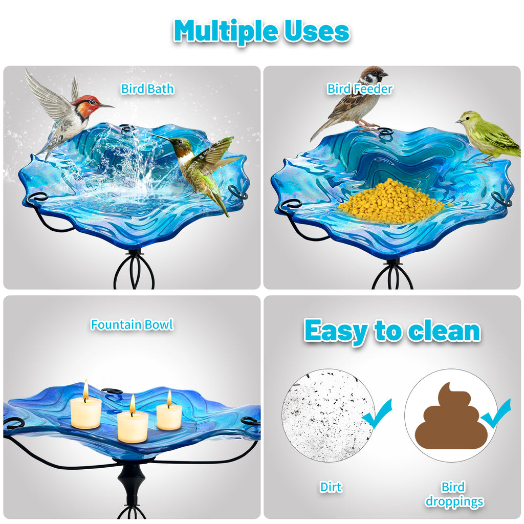 Blue Ripple Glass Bird Bath Feeder with Metal Stake