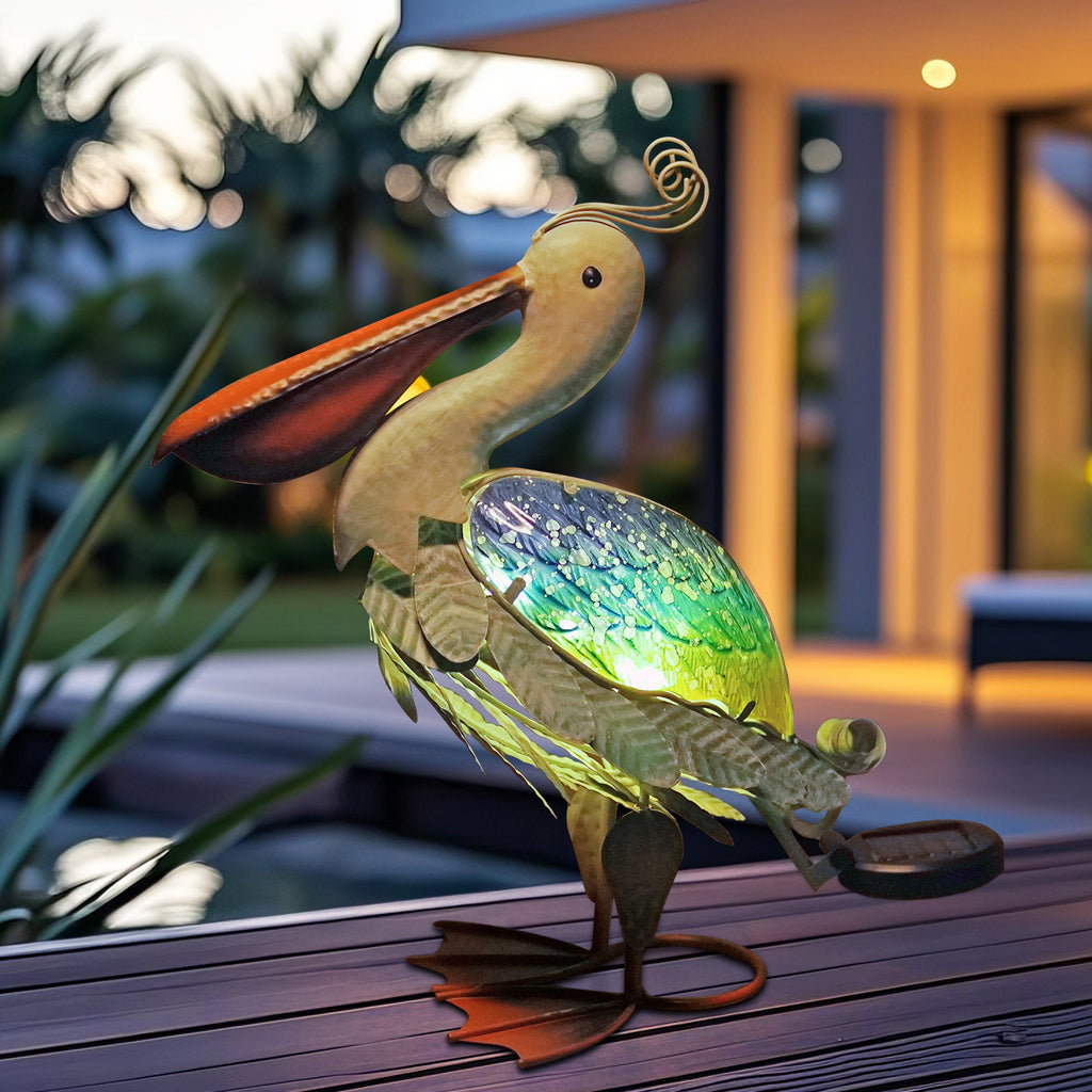 Solar Garden Pelican Statue Metal Glass Outdoor Decor