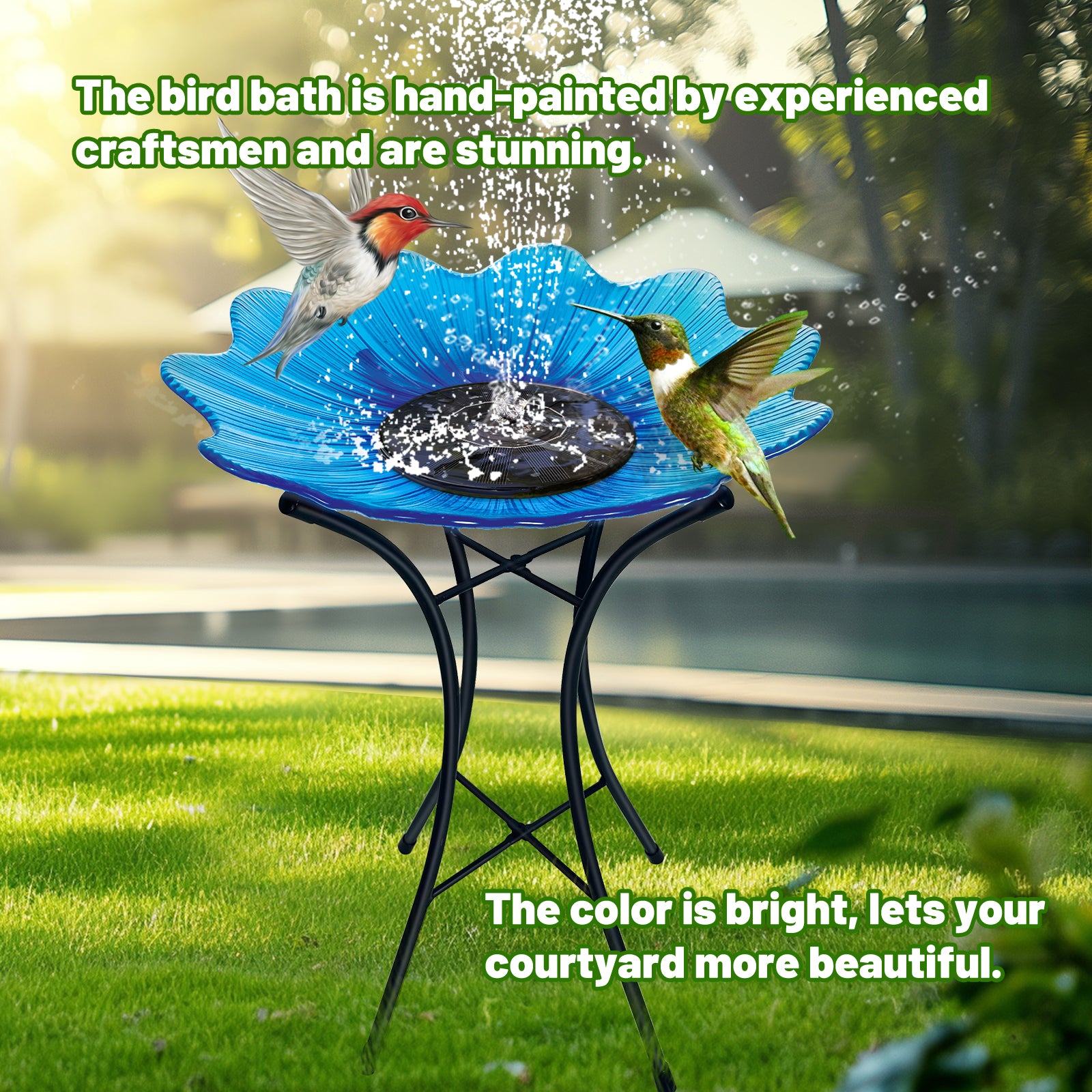 Blue Glass Bird Bath with Metal Stand Garden Decor