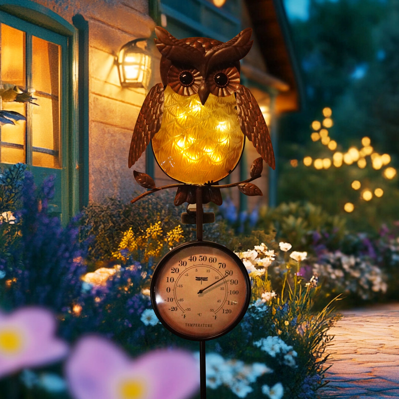 Solar Owl Thermometer Garden Stake Outdoor Yard Decor