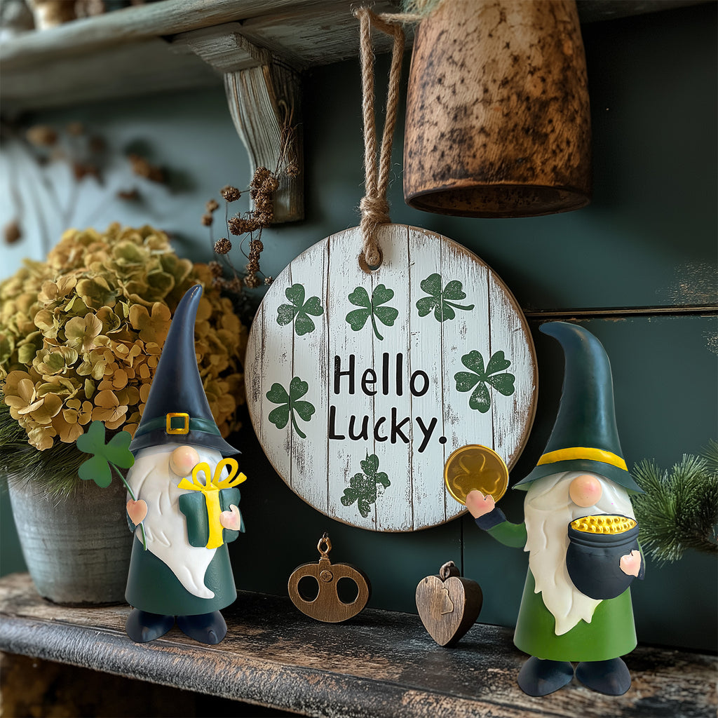 St. Patrick’s Day Gnome Set with Shamrock and Pot of Gold Decor