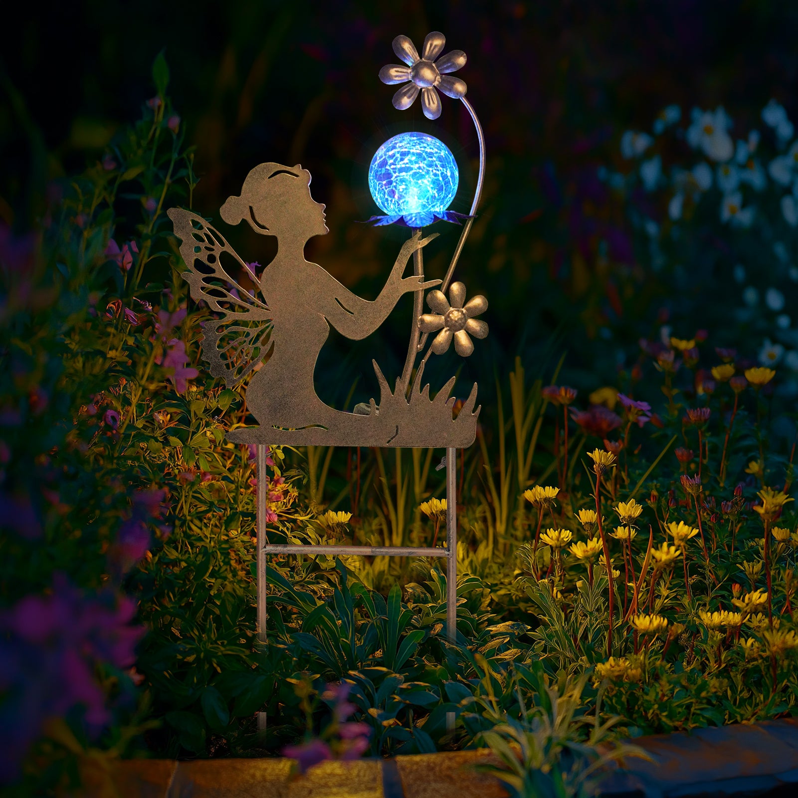 Solar Fairy Garden Light with Color Changing Crackle Glass Ball