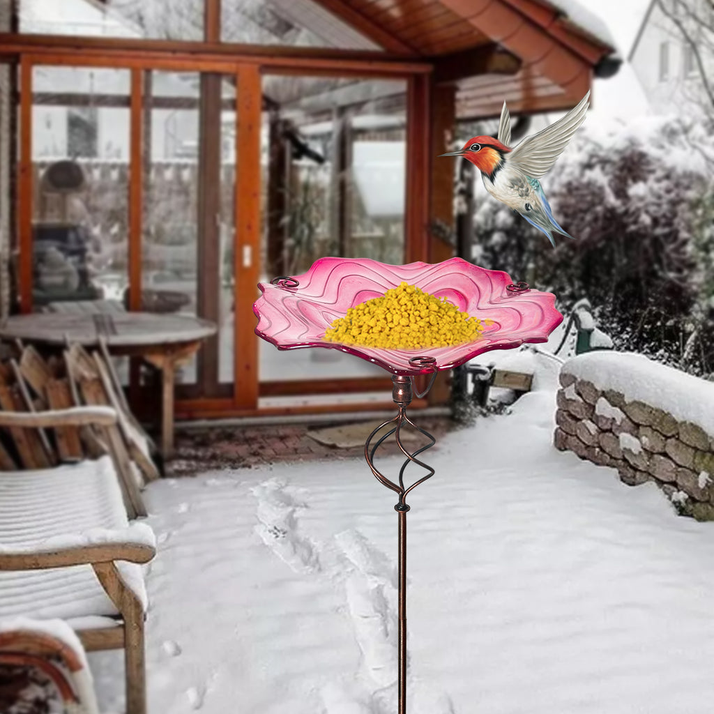 Pink Glass Metal Bird Feeder Garden Stake Decor
