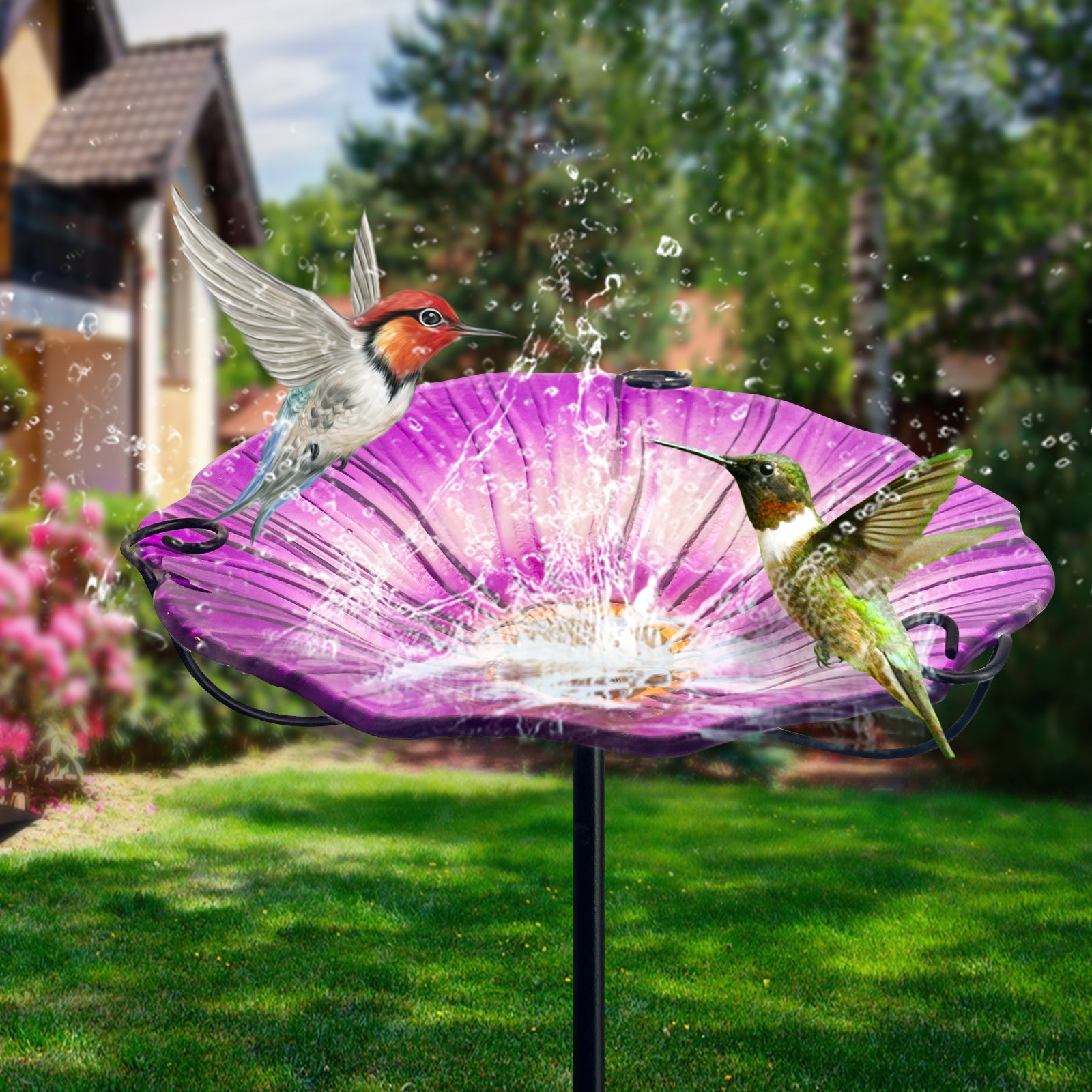 Purple Glass Flower Bird Bath Feeder Garden Stake