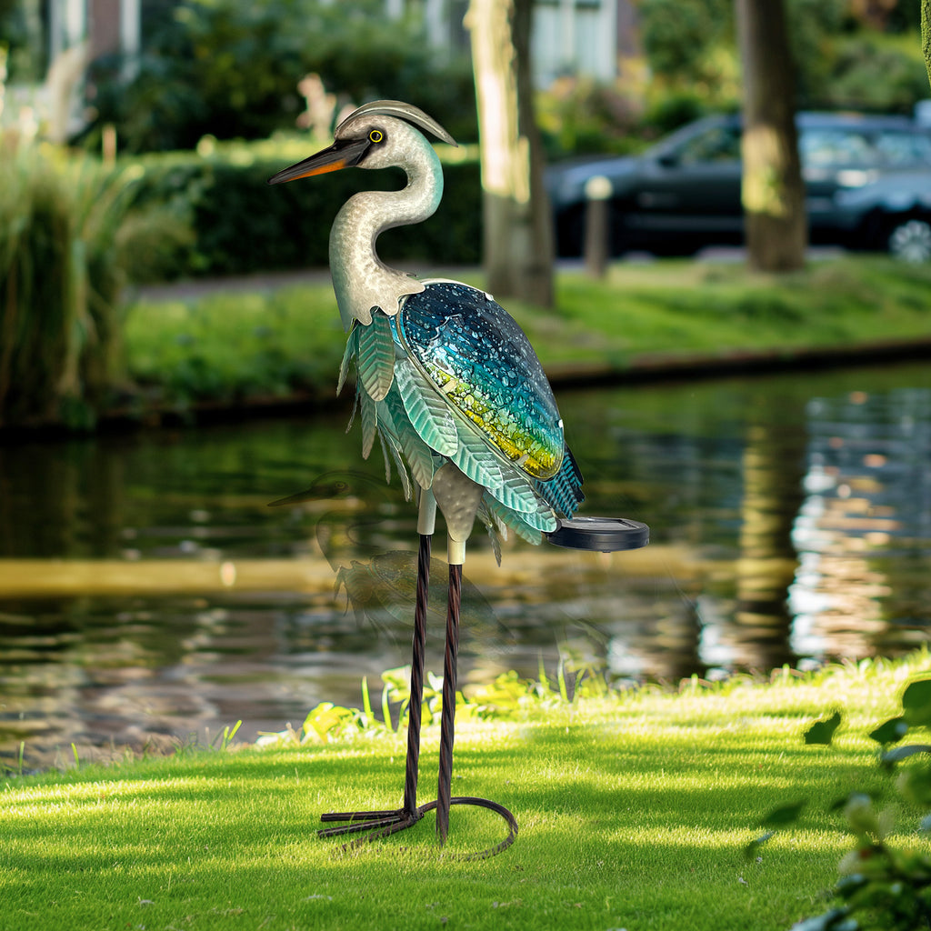 Blue Green Solar Metal Glass Heron Garden Statue 24in