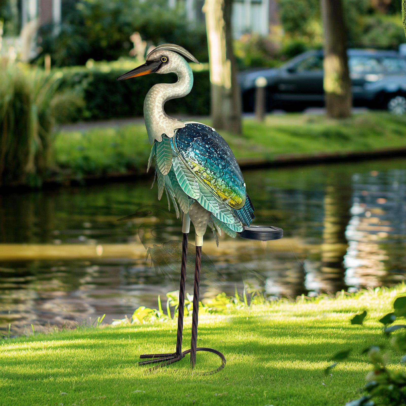 Blue Green Solar Metal Glass Heron Garden Statue 24in