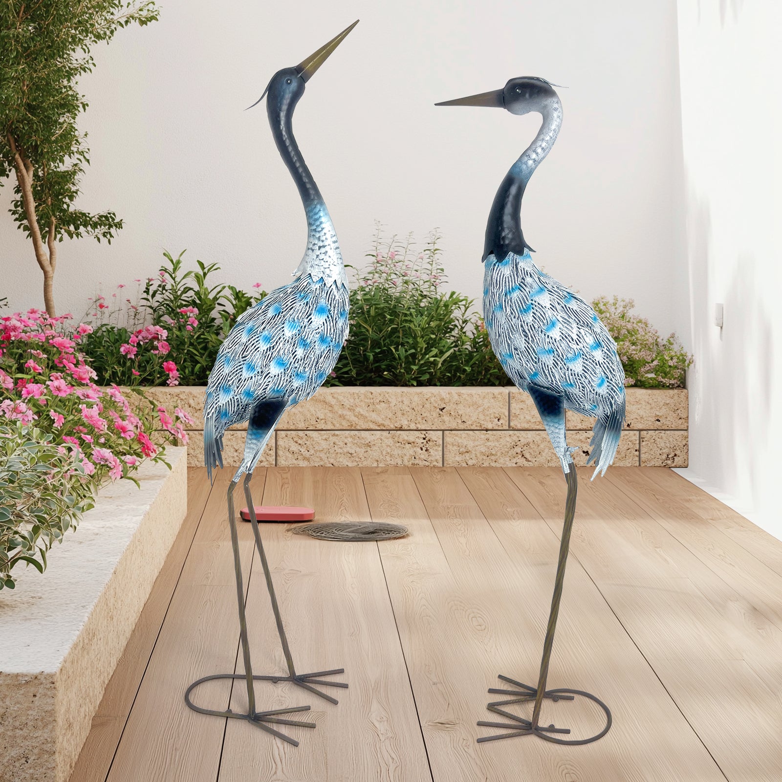 Blue Metal Crane Garden Statues Set of 2 Outdoor Decor 42in