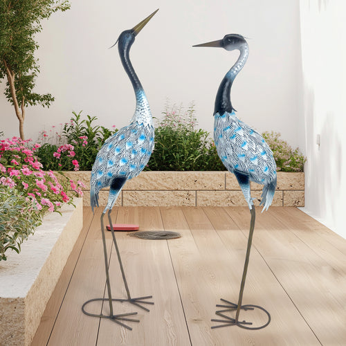 Blue Metal Crane Garden Statues Set of 2 Outdoor Decor 42in