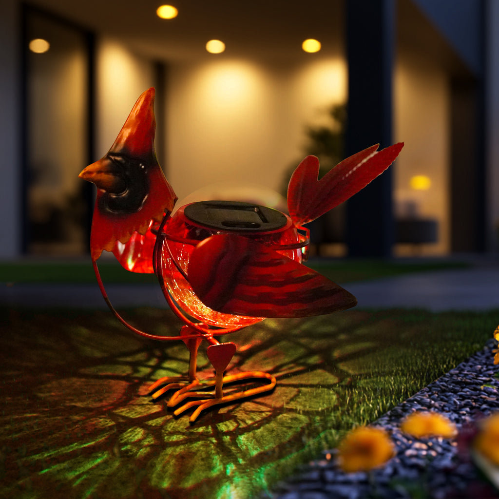 Solar Garden Cardinal Light Metal Crackle Glass Decor