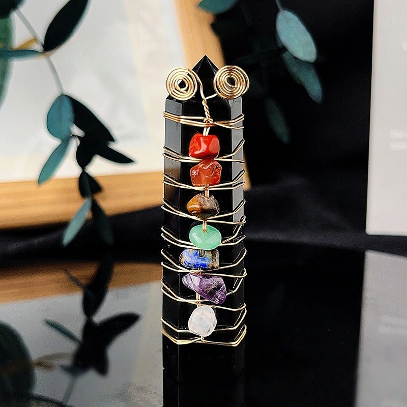 Crystal Stone Column Decor with Colorful Chips and Metal Wire