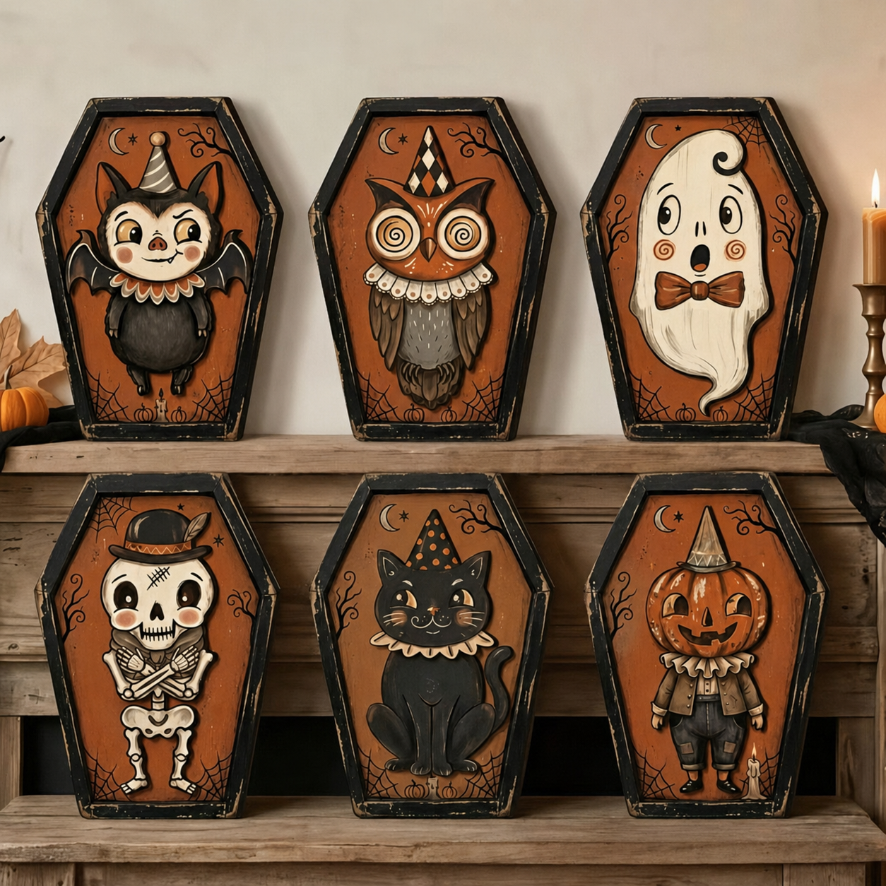 Halloween Wooden Coffin Skull Bat Tabletop Decoration
