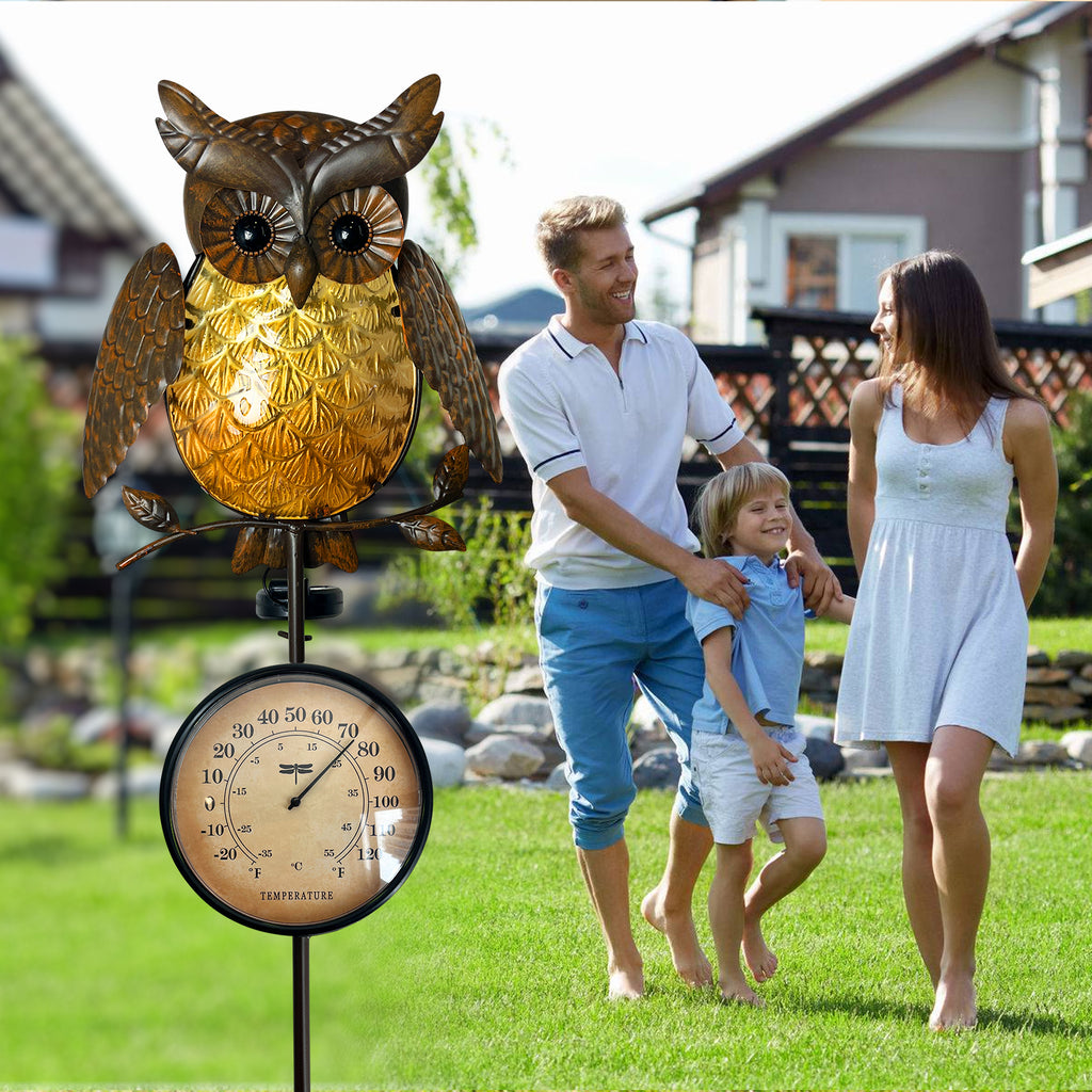 Solar Owl Thermometer Garden Stake Outdoor Yard Decor