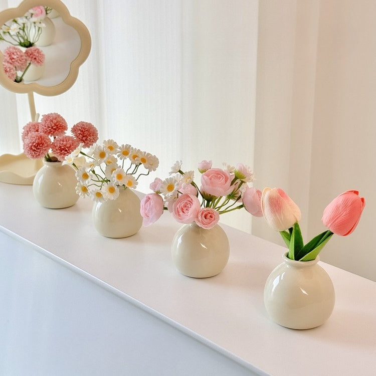 Cream Color Ceramic Vase with Silk Flower Bouquet Home Decor
