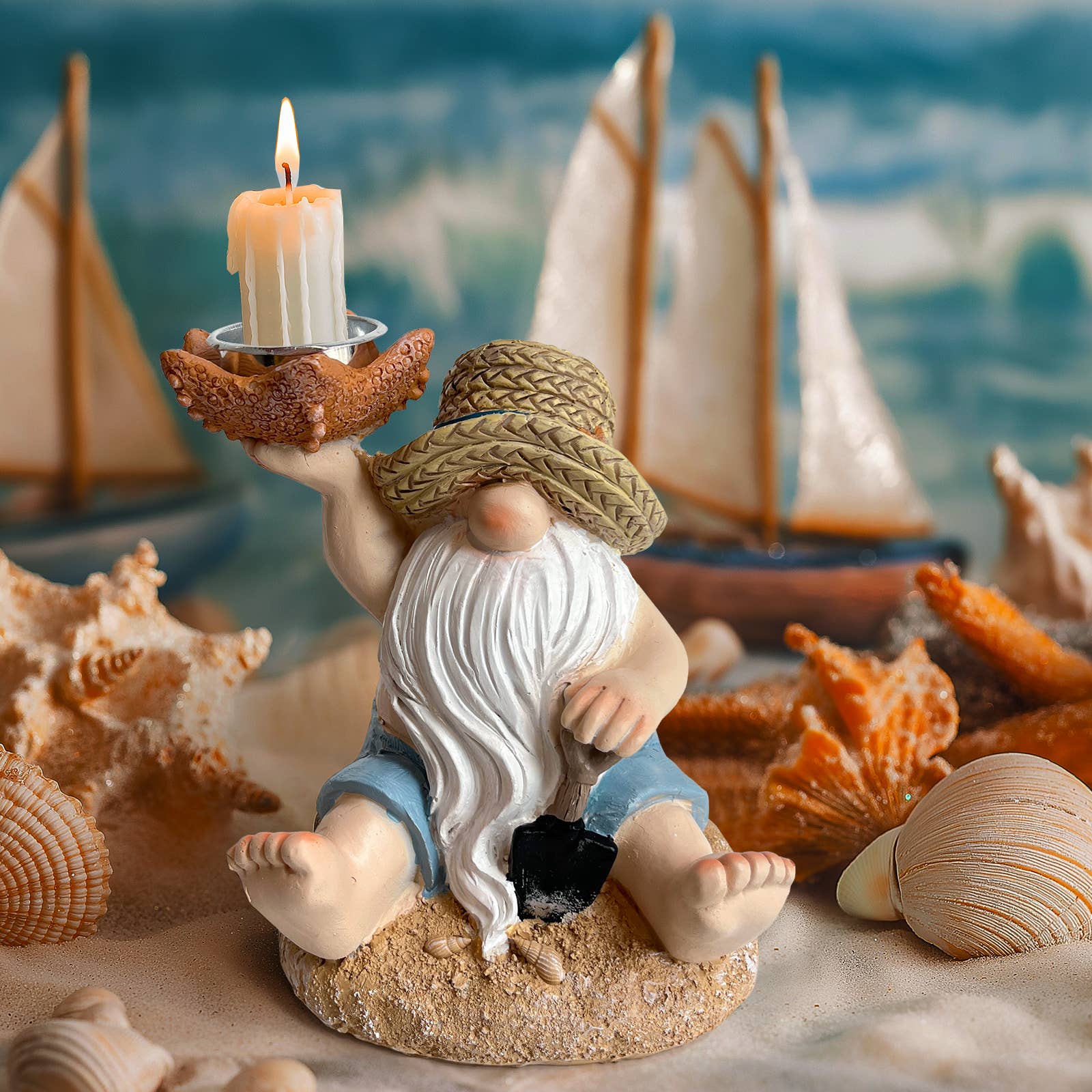 Beach Gnome Candle Holder Figurine Coastal Resin Decor