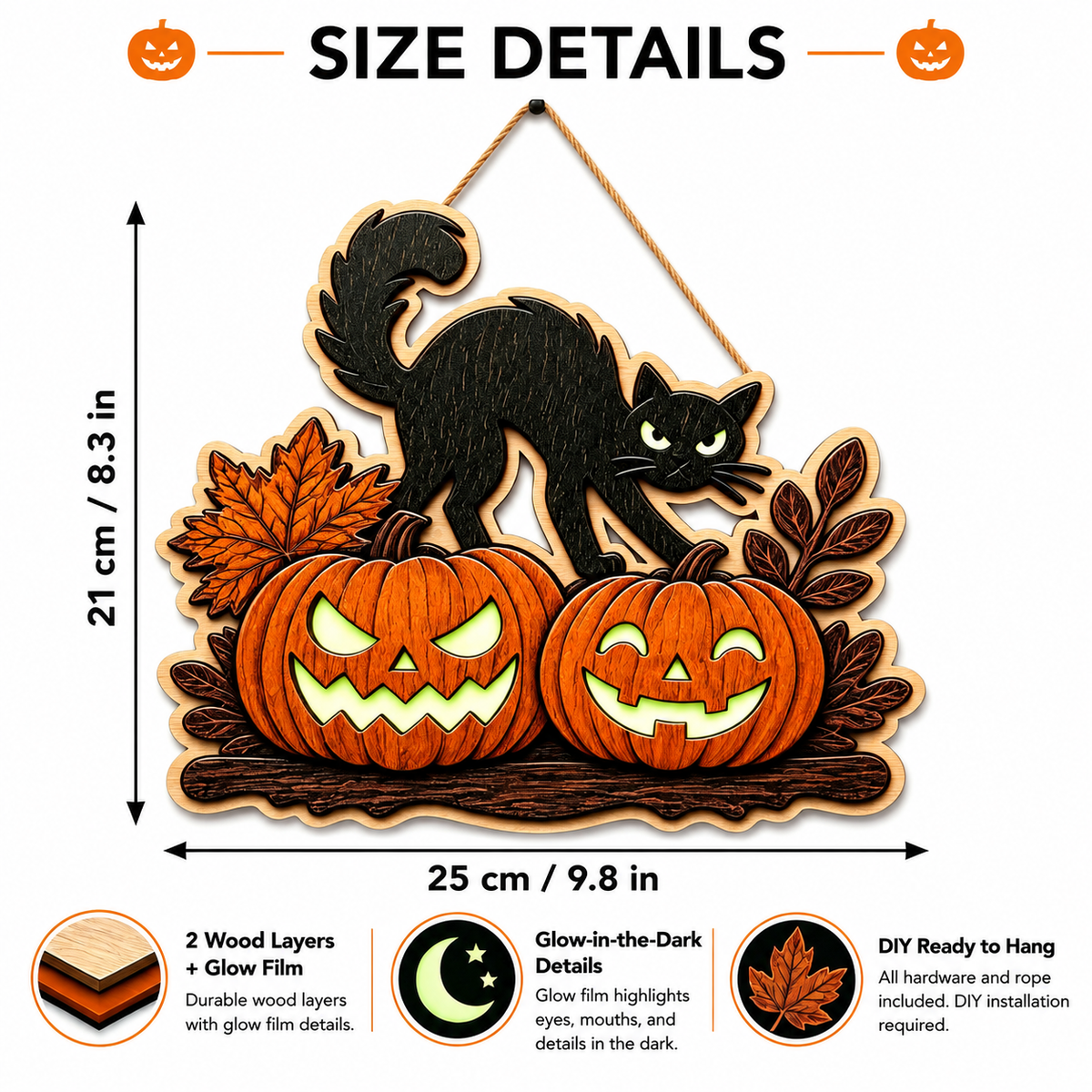 Wooden Halloween Hanging Decor Black Cat Skull Pumpkin Light Up Sign