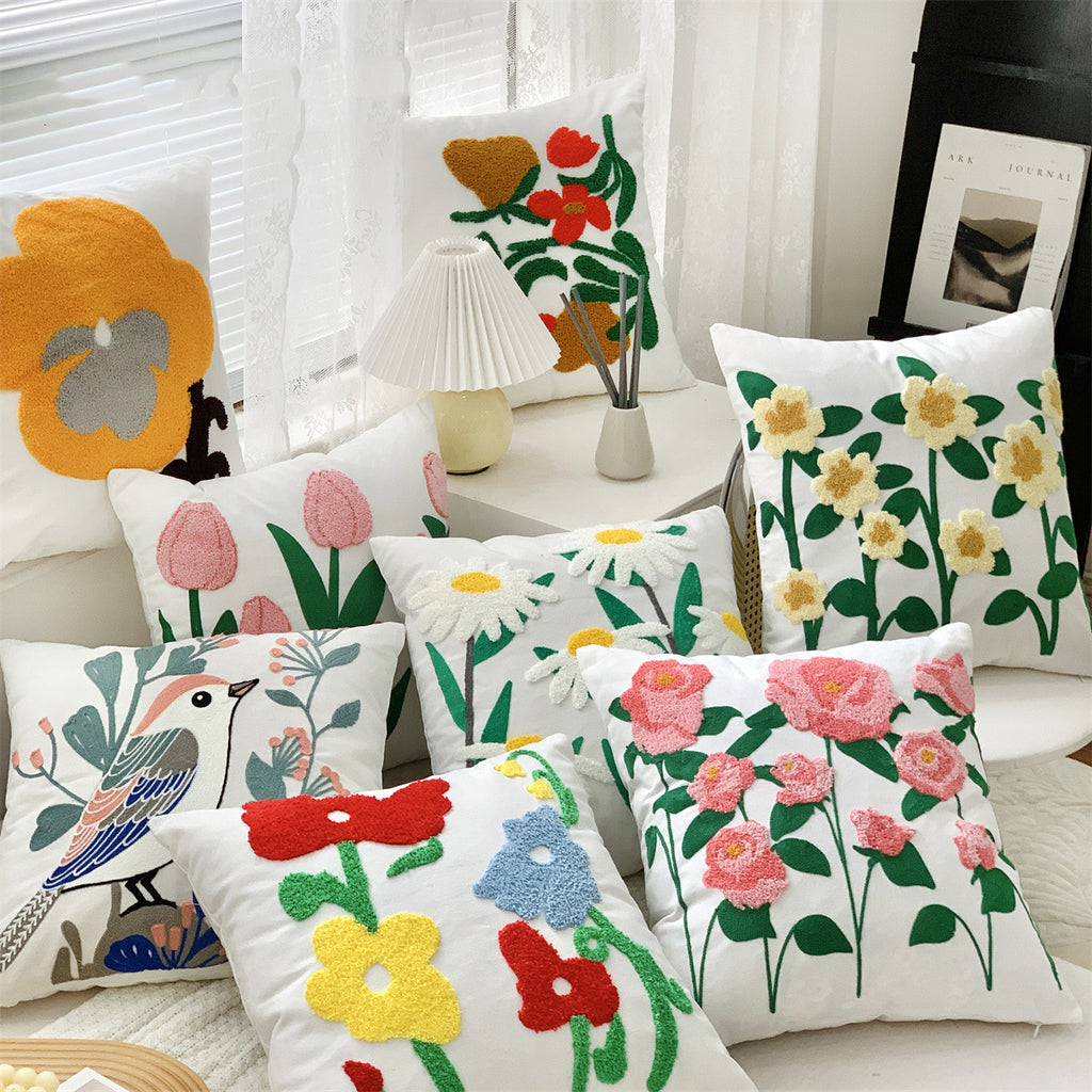 Embroidered Floral Pillow Cover Boho Farmhouse Decor