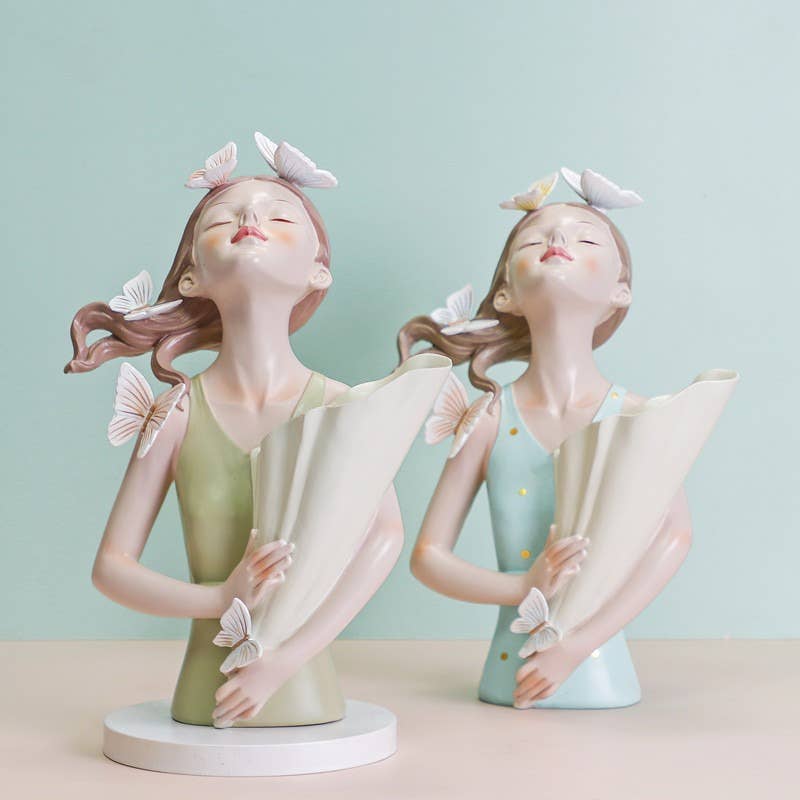Nordic Girl Resin Flower Vase Modern Butterfly Sculpture