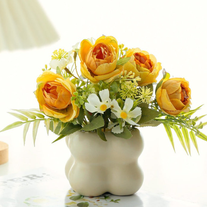 Faux Rose Flower Arrangement Ceramic Bubble Pot Decor