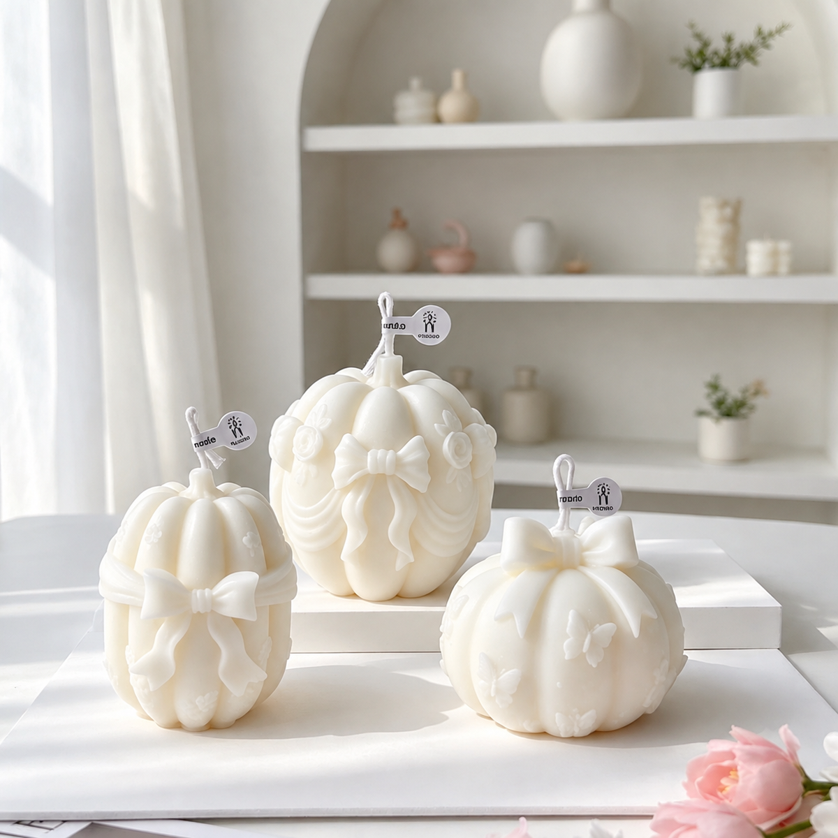 Bow Pumpkin Candle Halloween Decor Holiday Tabletop Accent