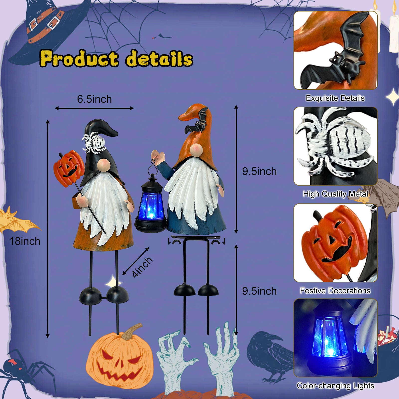 Solar Halloween Gnome Yard Decor Metal Lighted Set of 2