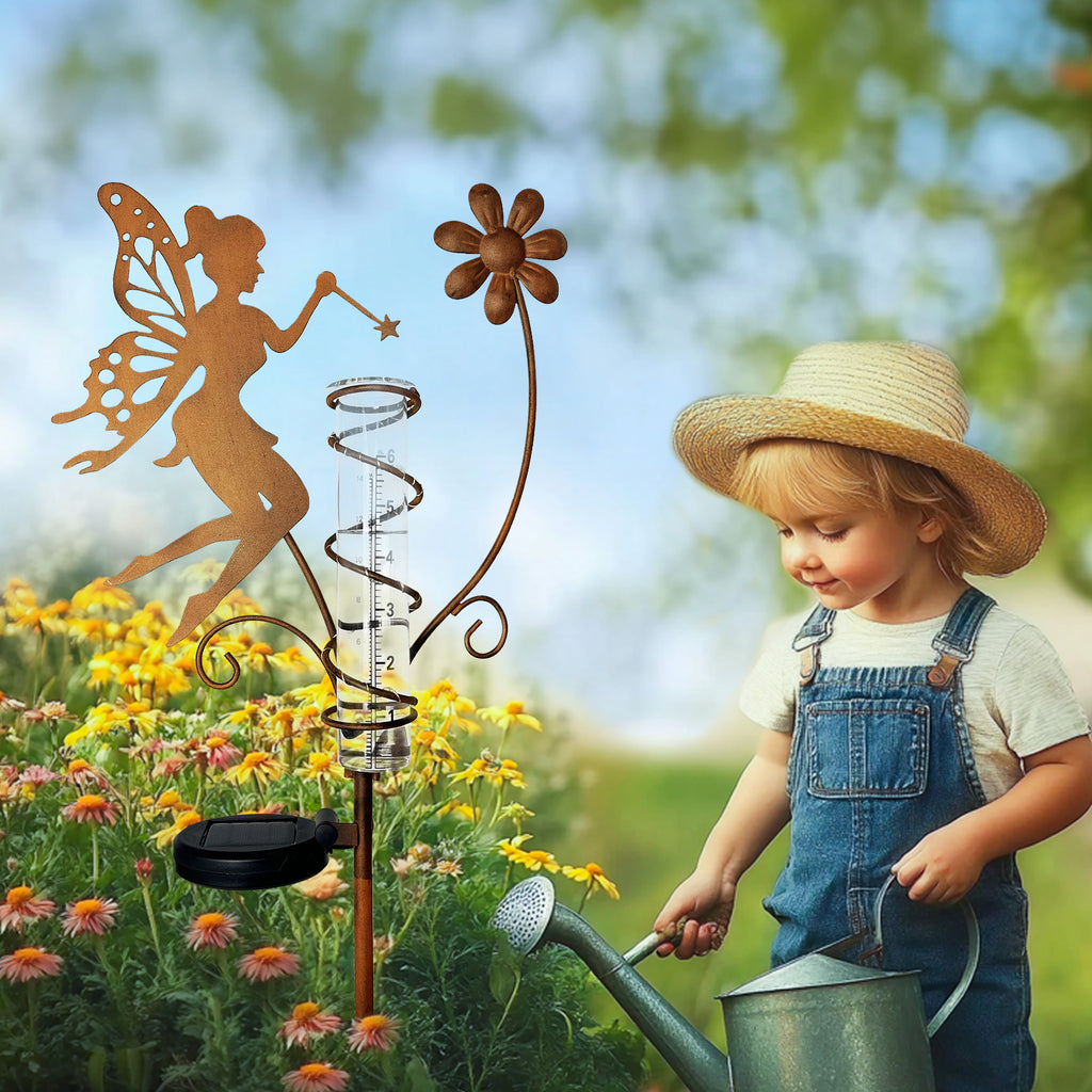 Solar Fairy Rain Gauge Garden Stake Outdoor Decor