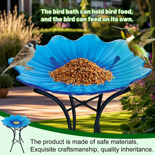 Blue Glass Bird Bath with Metal Stand Garden Decor