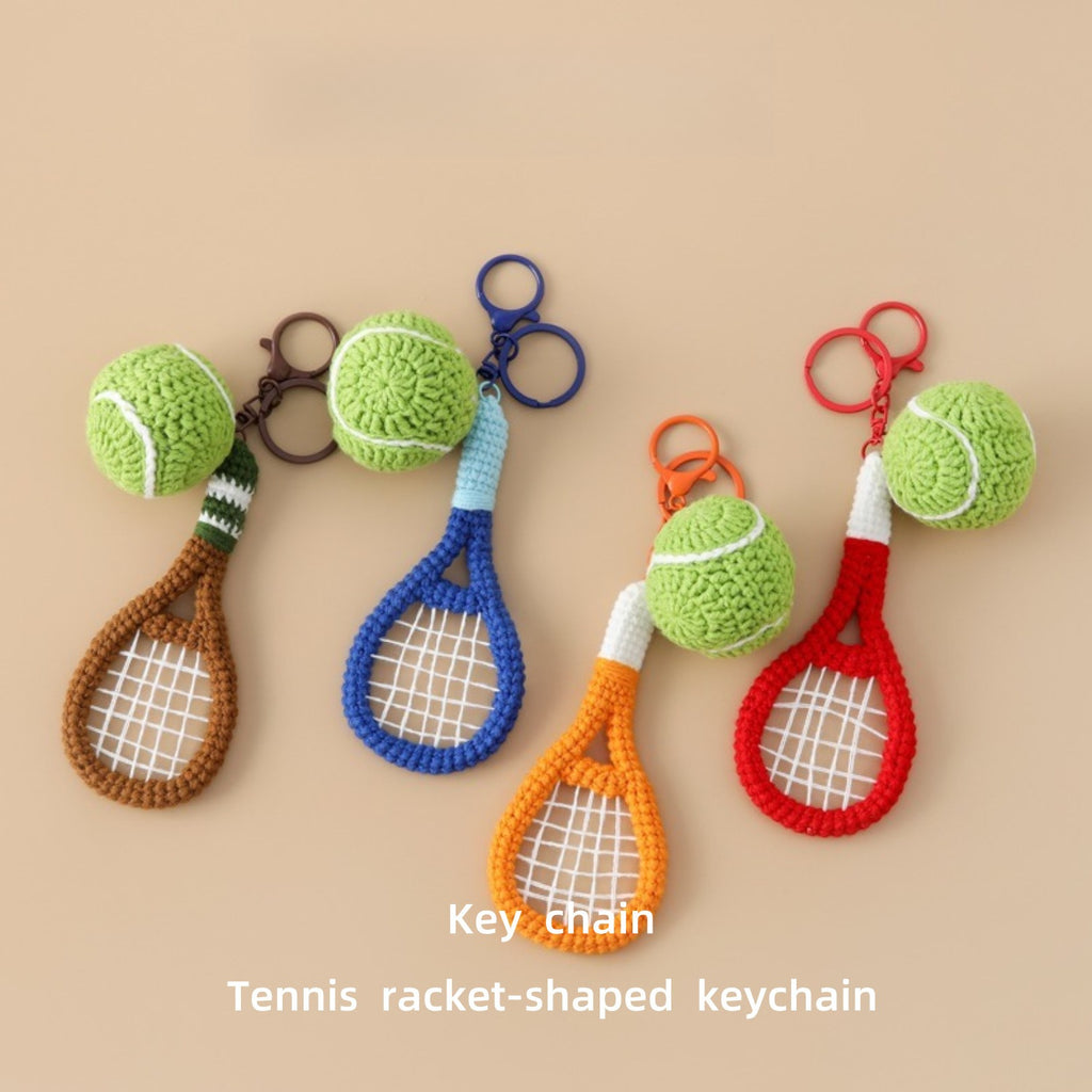 Crochet Tennis Racket Shaped Keychain Sporty Ball Bag Charm