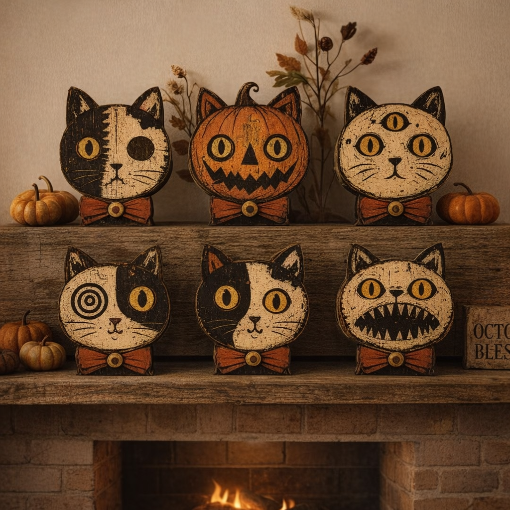 Halloween Wooden Cat Pumpkin Tabletop Decor Double Sided Display