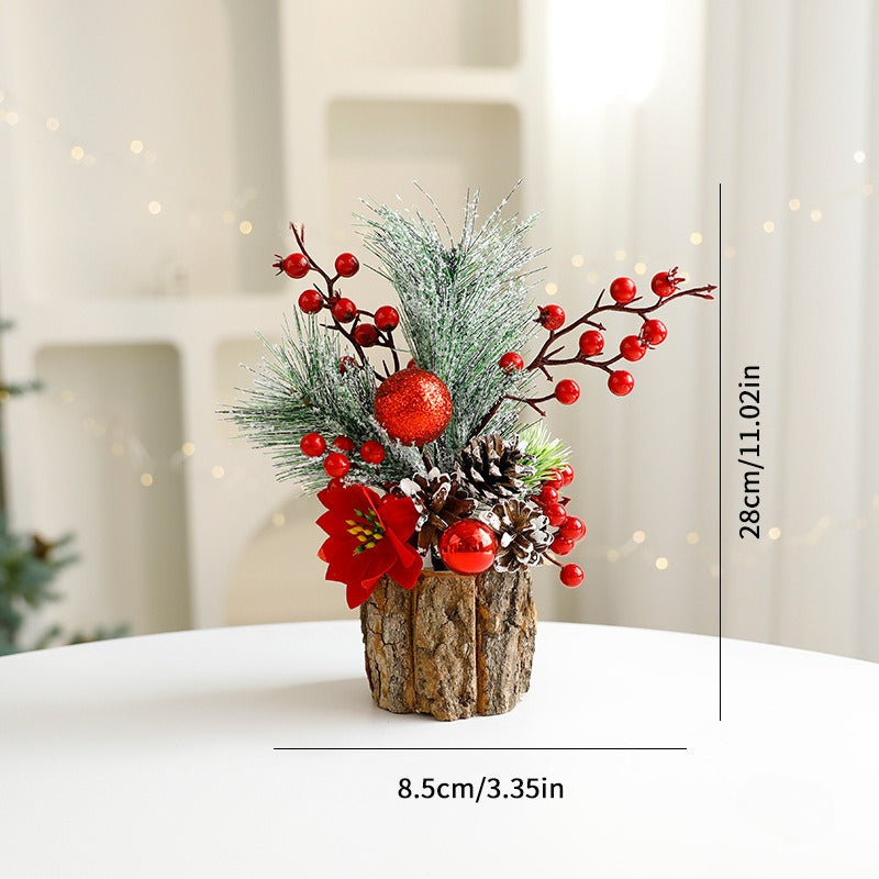 Christmas Tabletop Decor with PE Greenery and Rustic Wood Slice Base