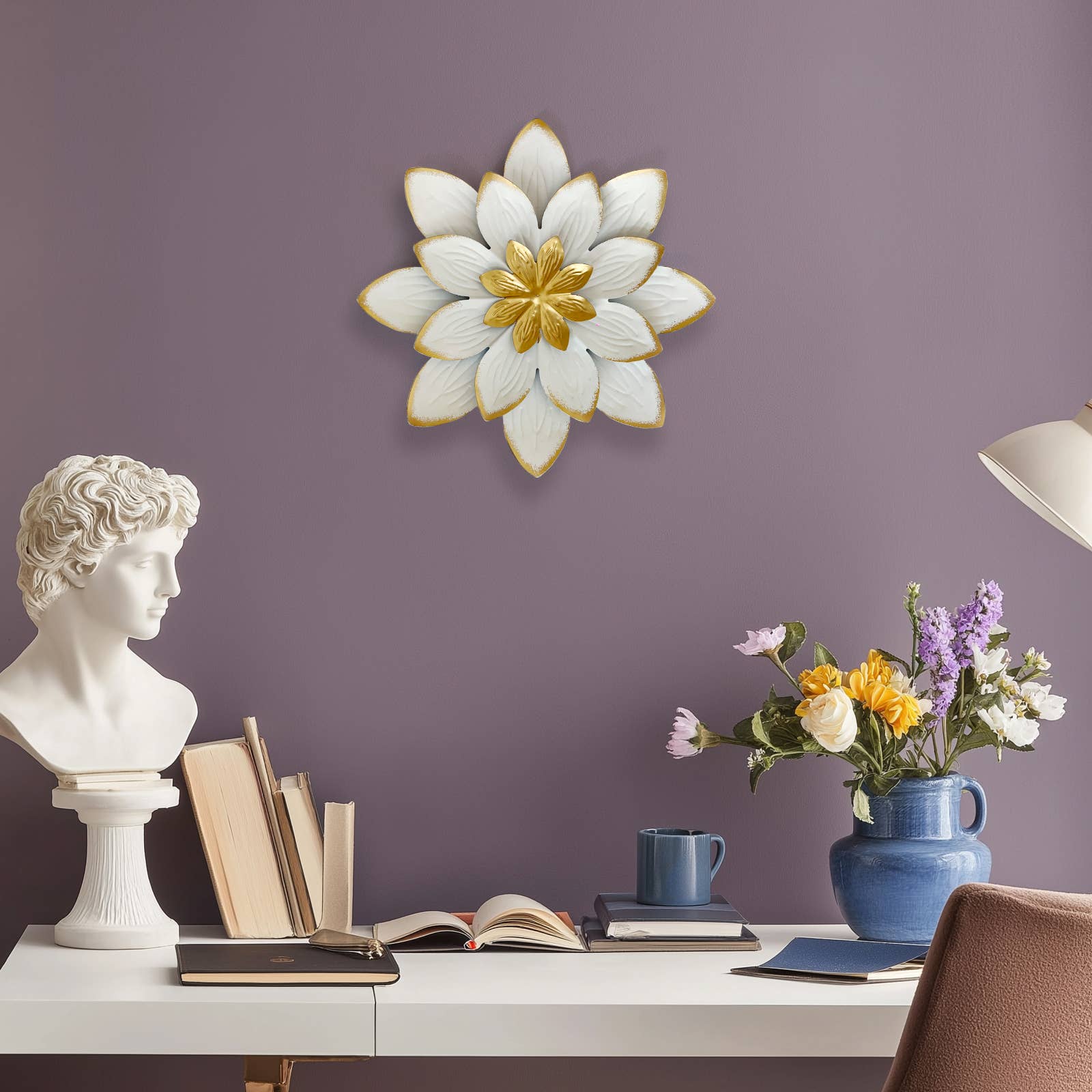 Handmade White Gold Metal Flower Wall Art Decor 9 Inch