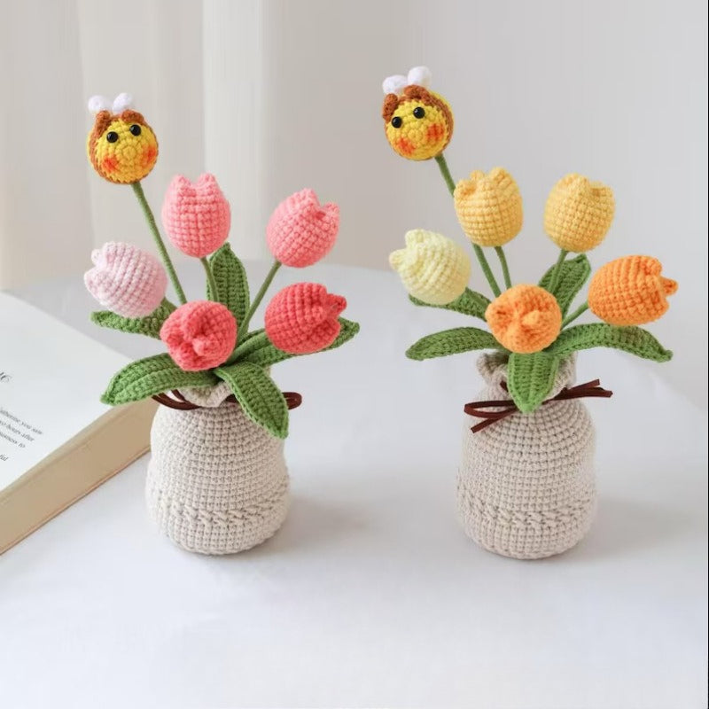 Handmade Crochet Tulip Flower Vase Bee Floral Decor