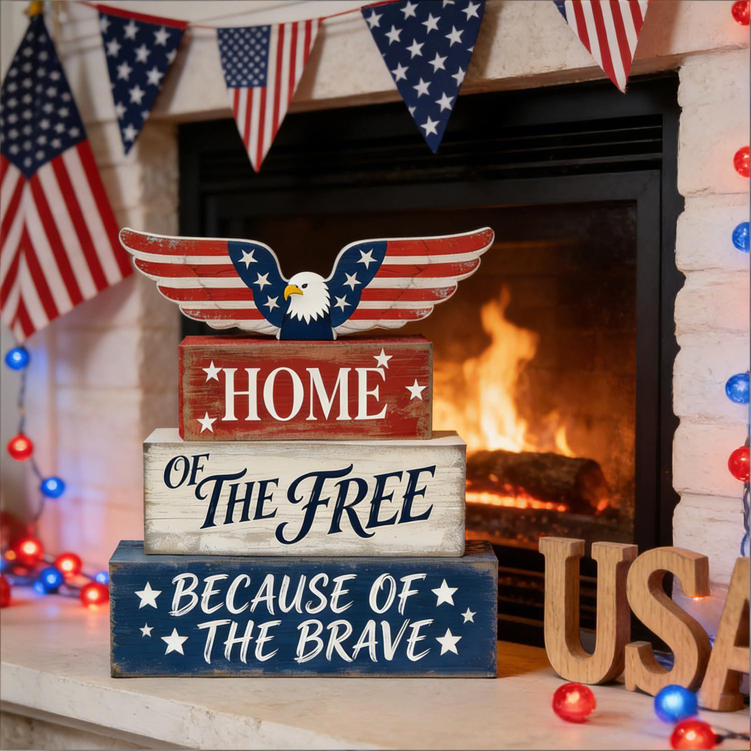 Patriotic Wooden Block Decor Home of the Free Sign