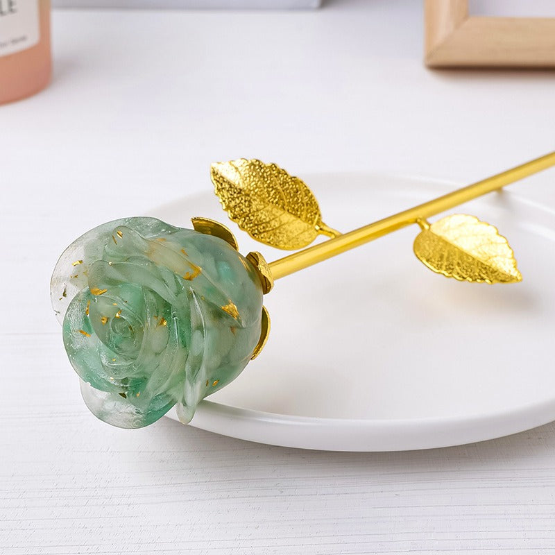 Resin Crystal Stone Flower Stem Decor with Metal Leaves