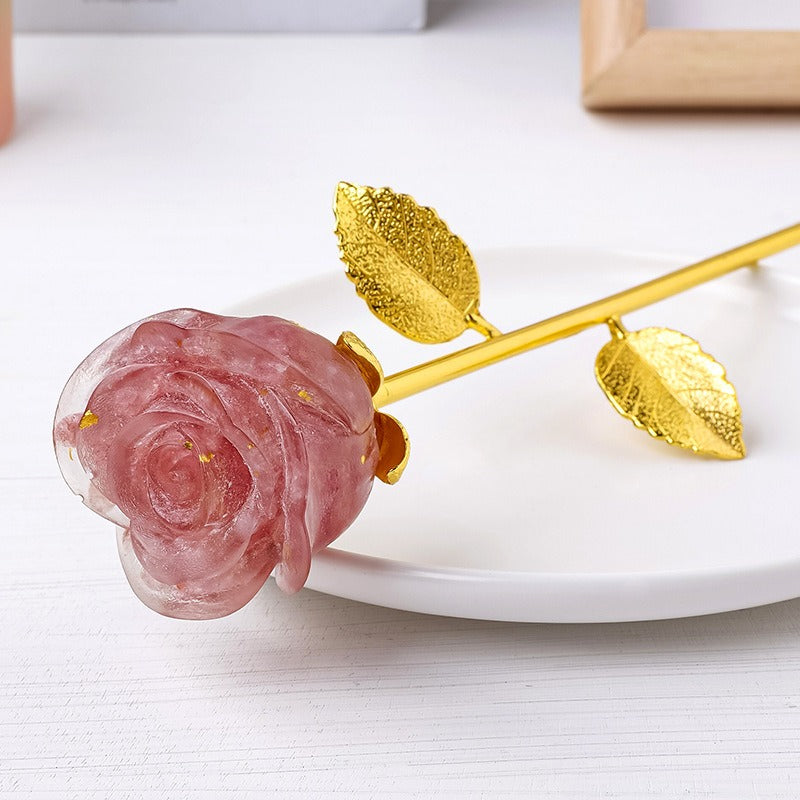 Resin Crystal Stone Flower Stem Decor with Metal Leaves