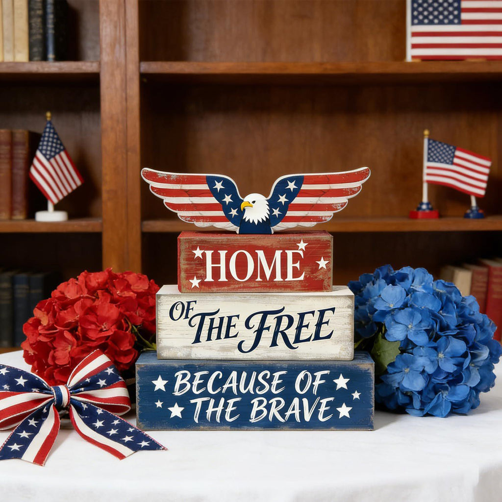 Patriotic Wooden Block Decor Home of the Free Sign