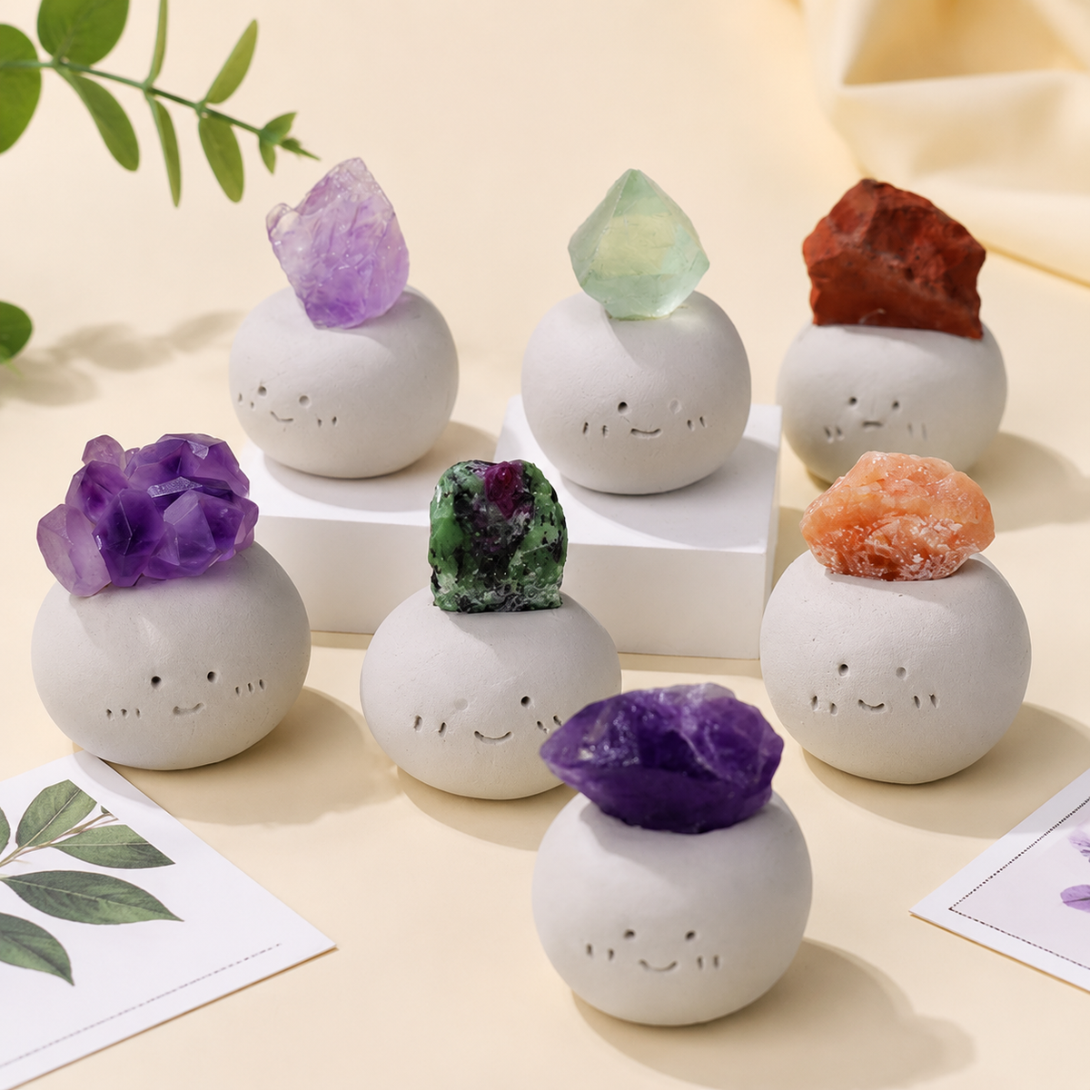 Crystal Stone Mineral Decor with Clay Character Base