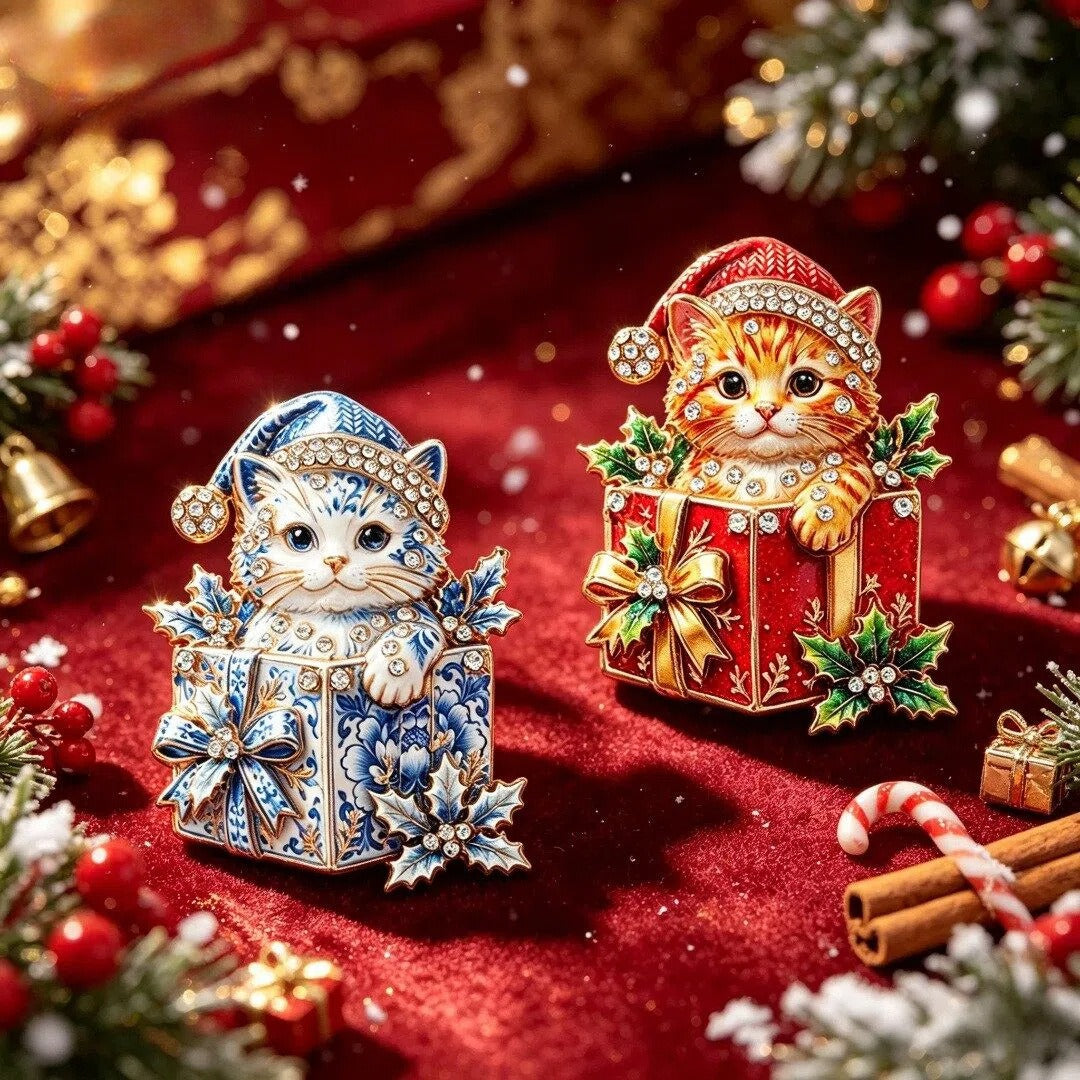 Christmas Cat Brooch Rhinestone Gift Box Pin