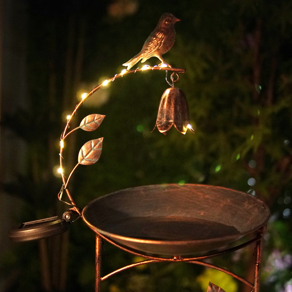 Antique Bronze Solar Bird Bath with Bell Garden Stake