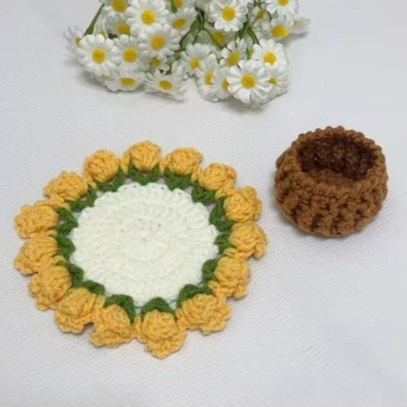 Handmade Crochet Flower Basket Coaster Set Home Decor