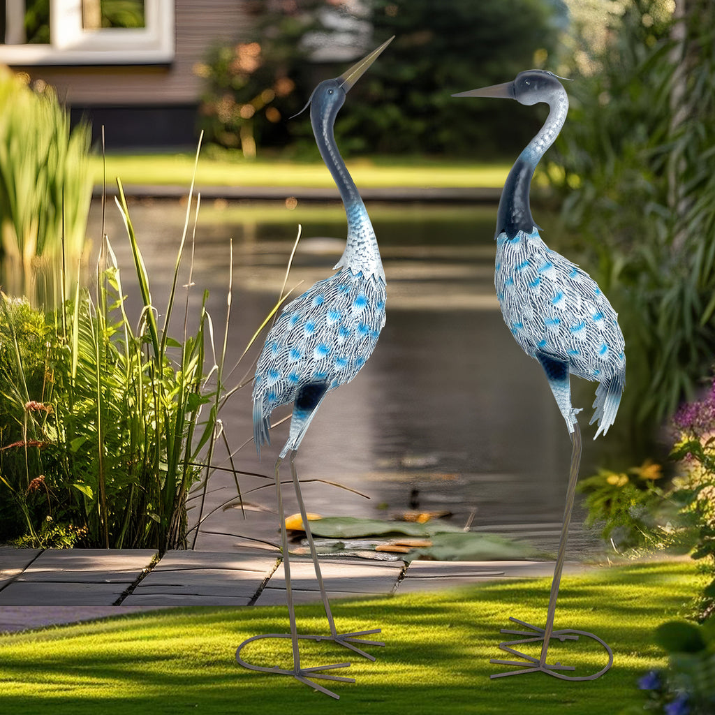 Blue Metal Crane Garden Statues Set of 2 Outdoor Decor 42in