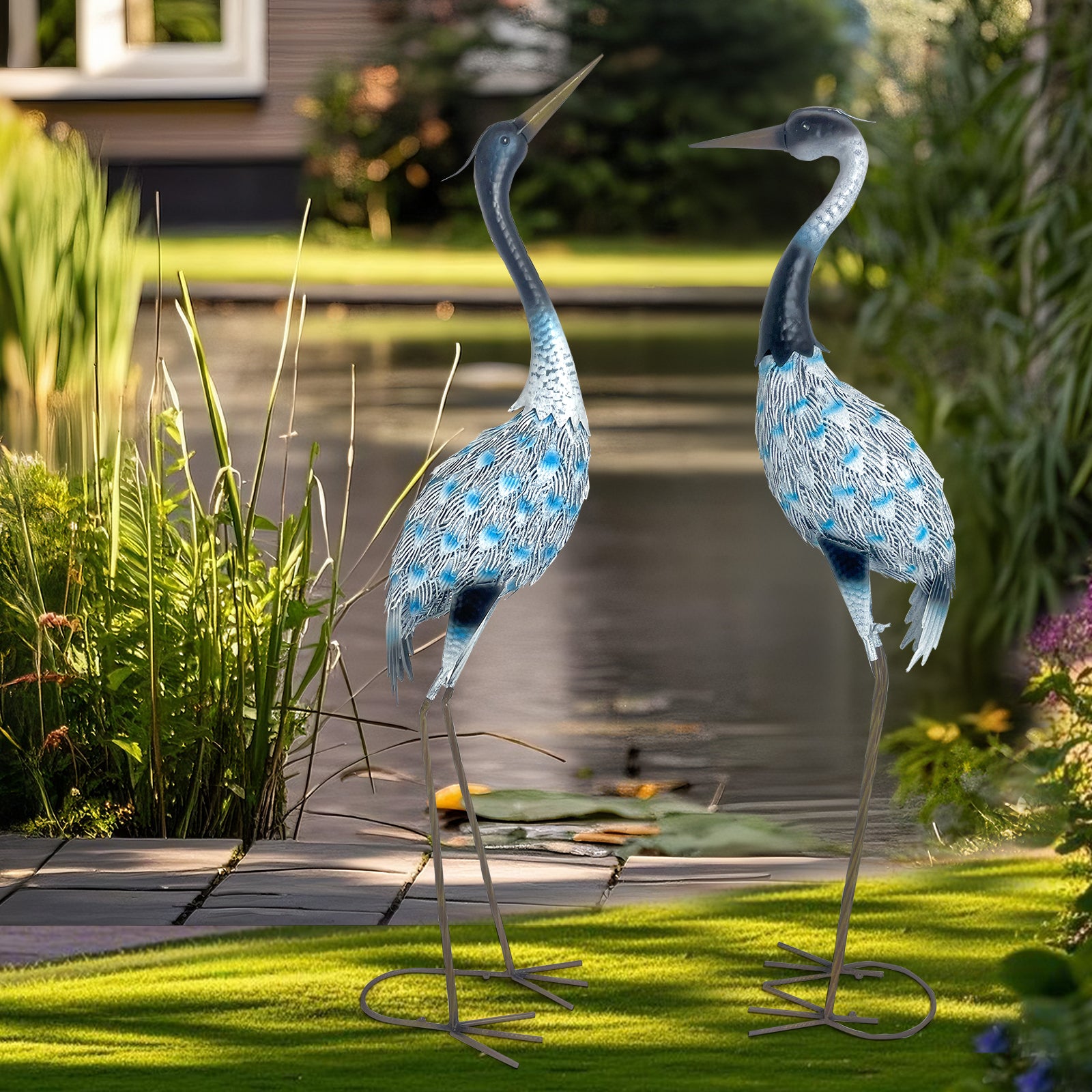 Blue Metal Crane Garden Statues Set of 2 Outdoor Decor 42in