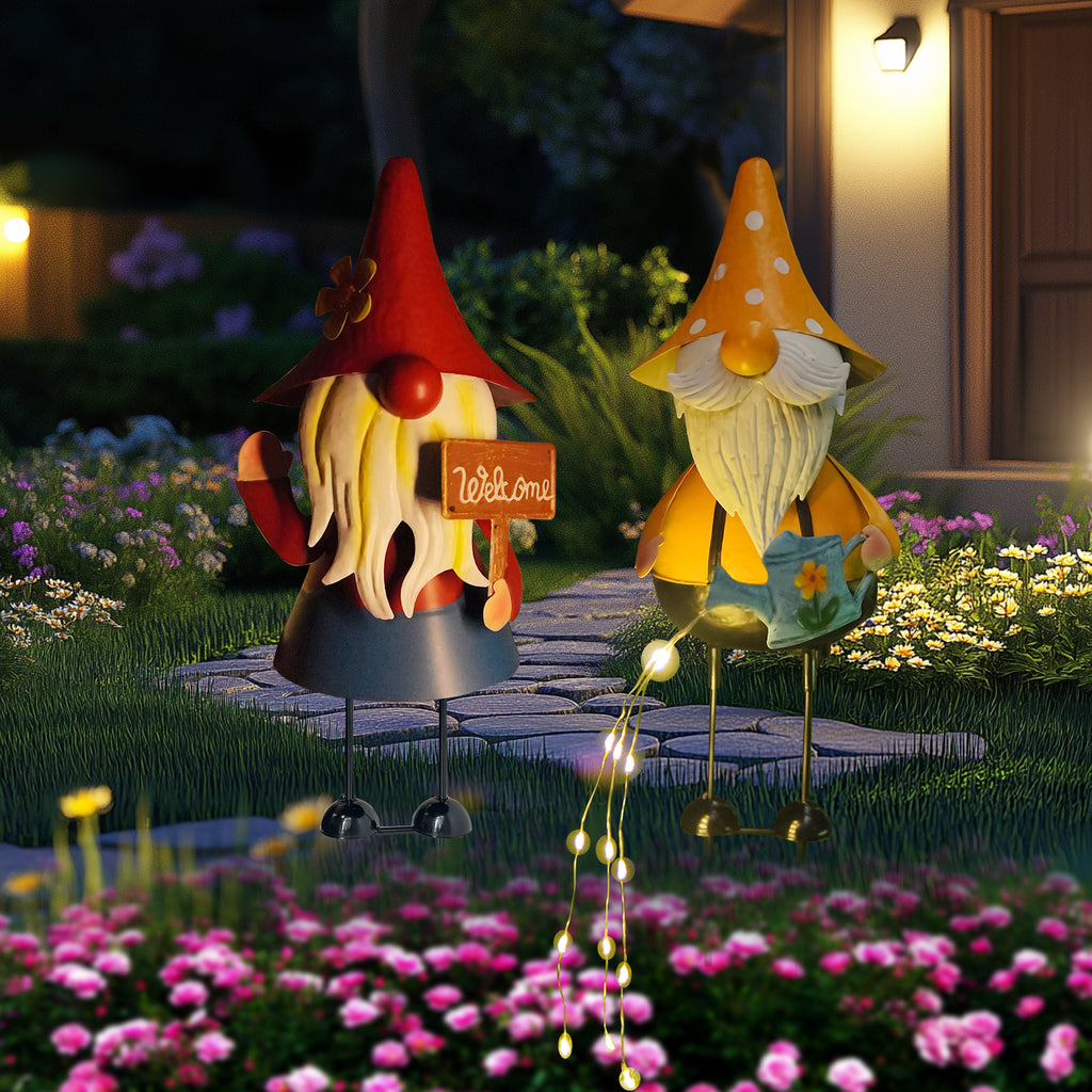 Solar Metal Garden Gnome Statue Set of 2 Outdoor Yard Decor