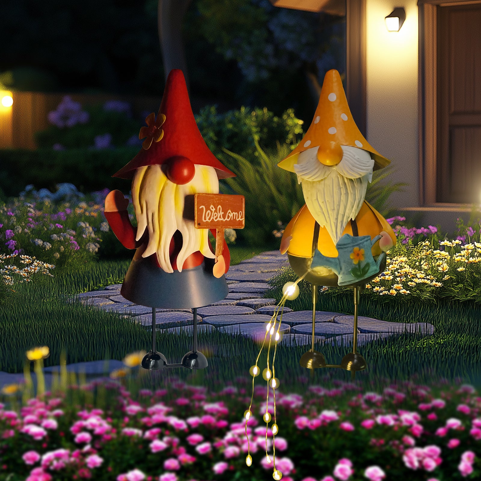 Solar Metal Garden Gnome Statue Set of 2 Outdoor Yard Decor