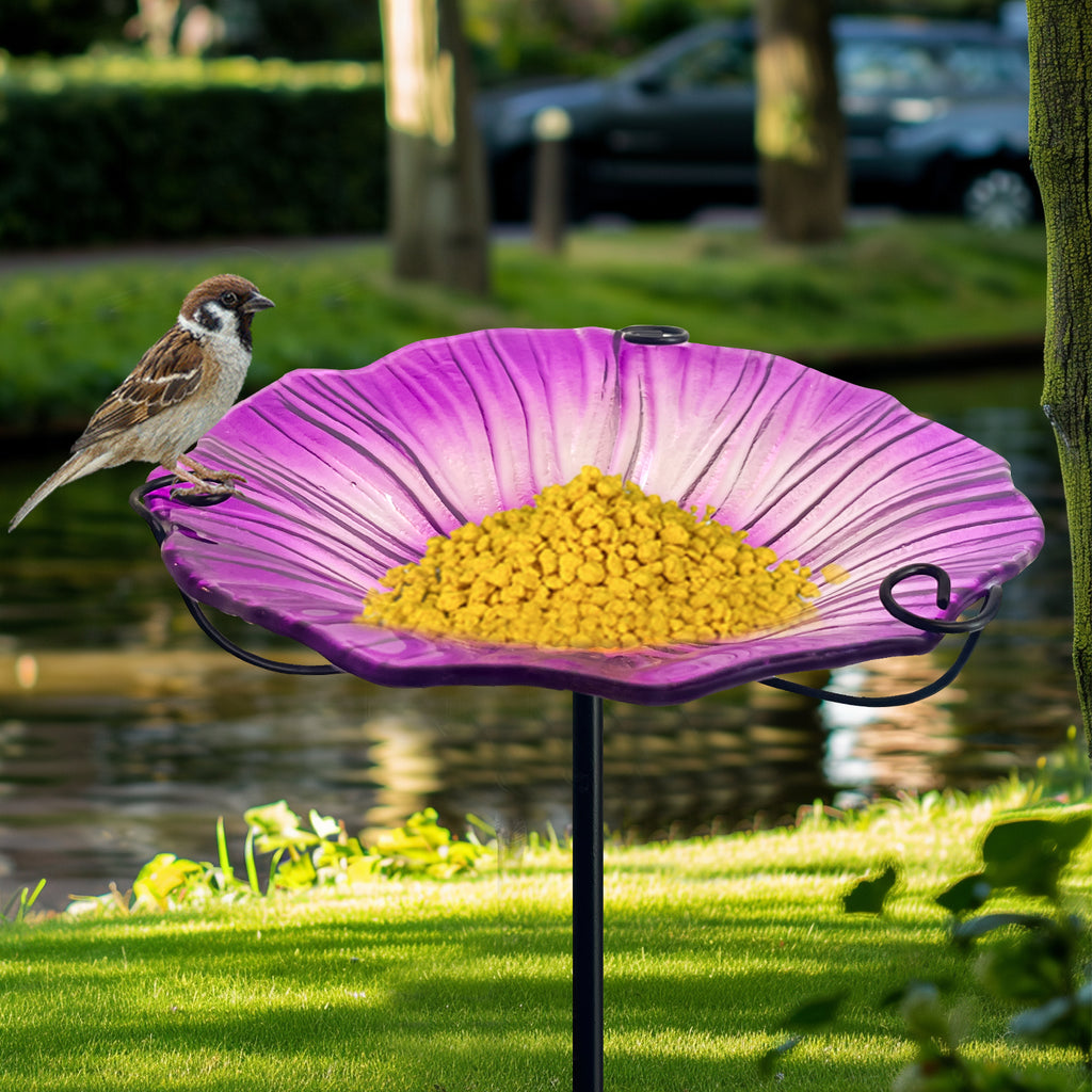 Purple Glass Flower Bird Bath Feeder Garden Stake